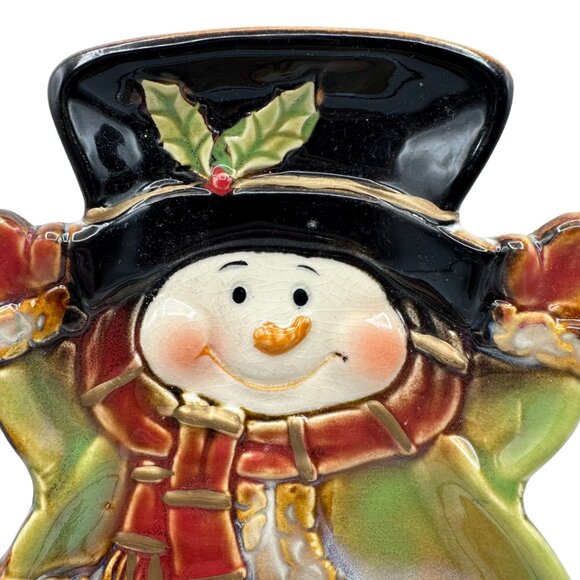 Christmas Snowman Candy Dish Plate Ceramic Pottery Trinket Holly Scarf Green Red - Picture 2 of 6